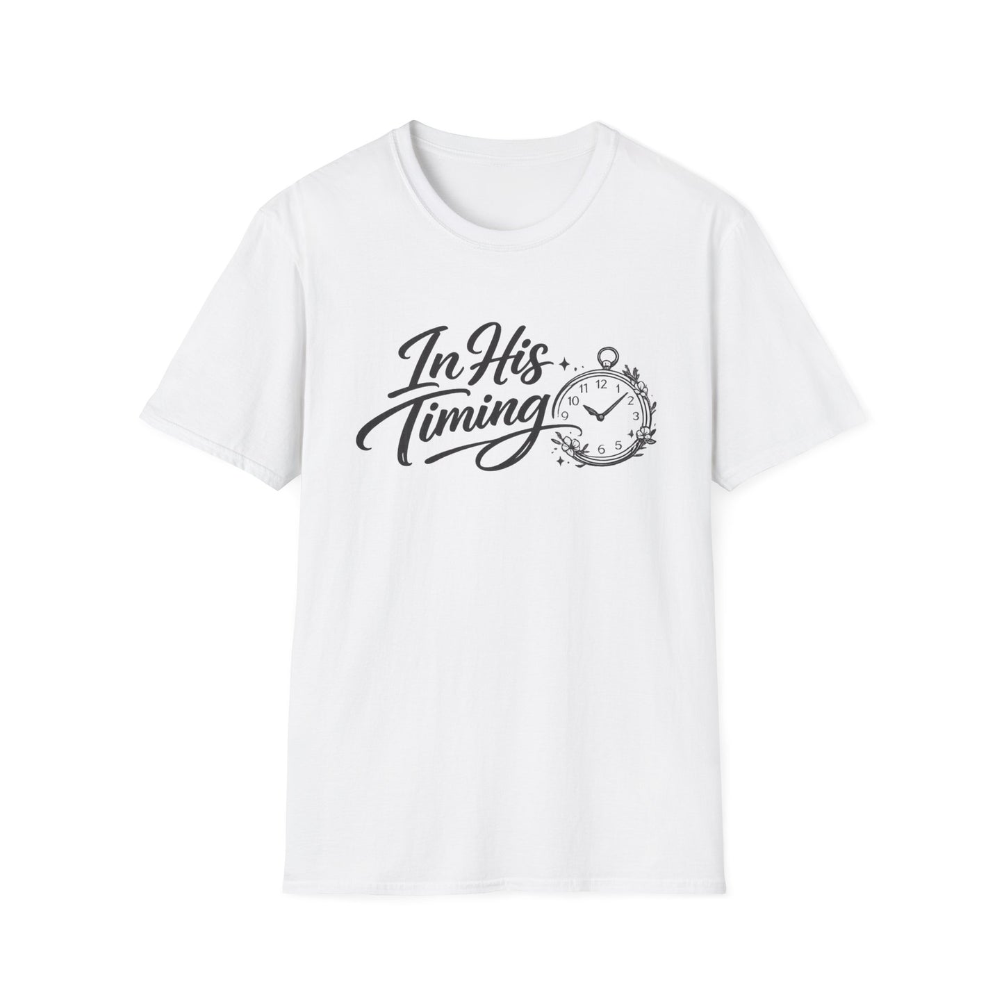 In His Timing T-Shirt — Inspirational Christian Faith Tee with Pocket Watch Design