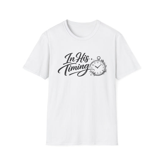 In His Timing T-Shirt — Inspirational Christian Faith Tee with Pocket Watch Design
