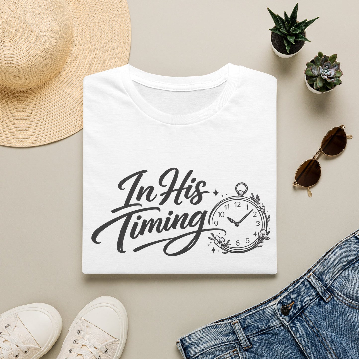 In His Timing T-Shirt — Inspirational Christian Faith Tee with Pocket Watch Design