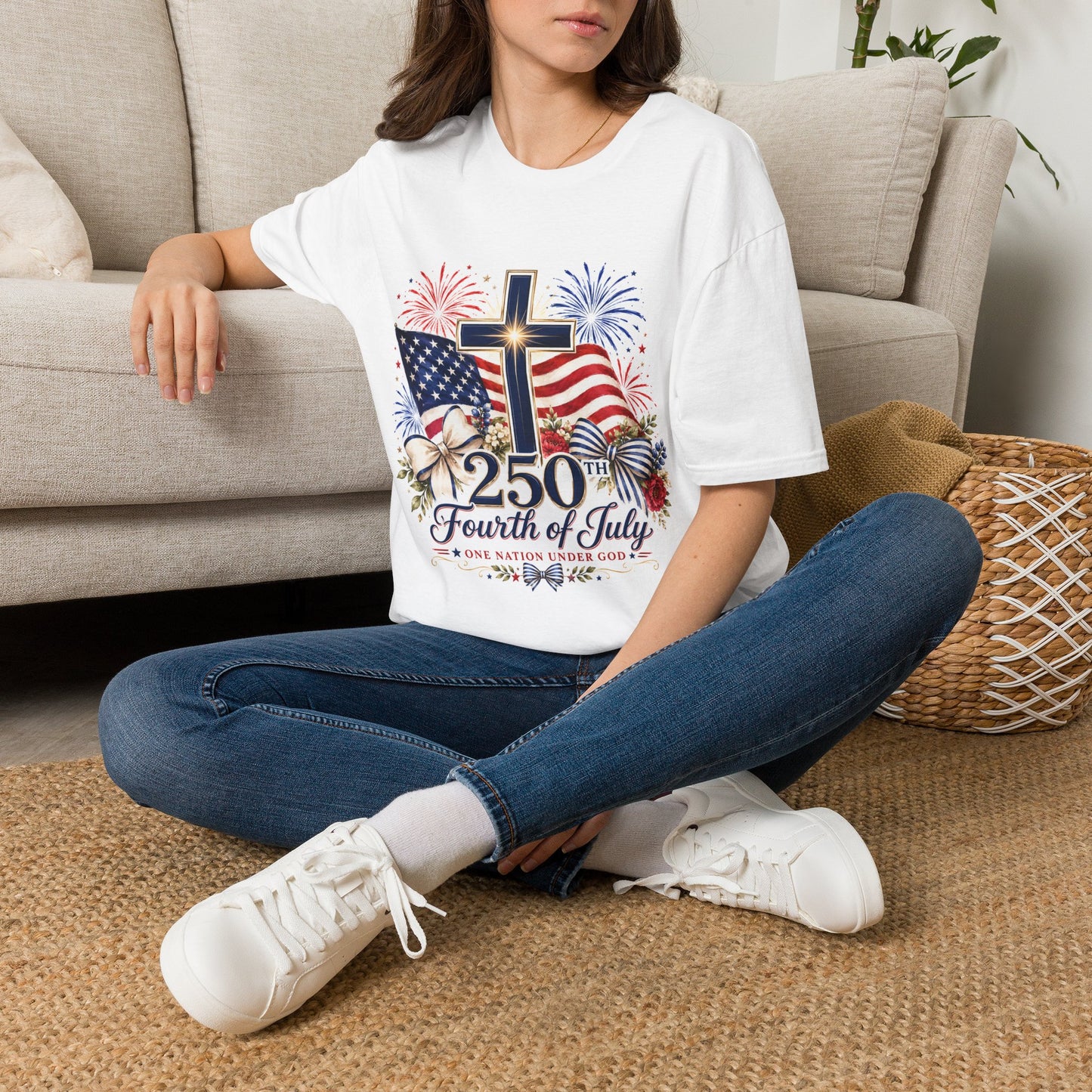 250th Fourth of July Cross T-Shirt — Patriotic American Flag & Fireworks Christian Tee