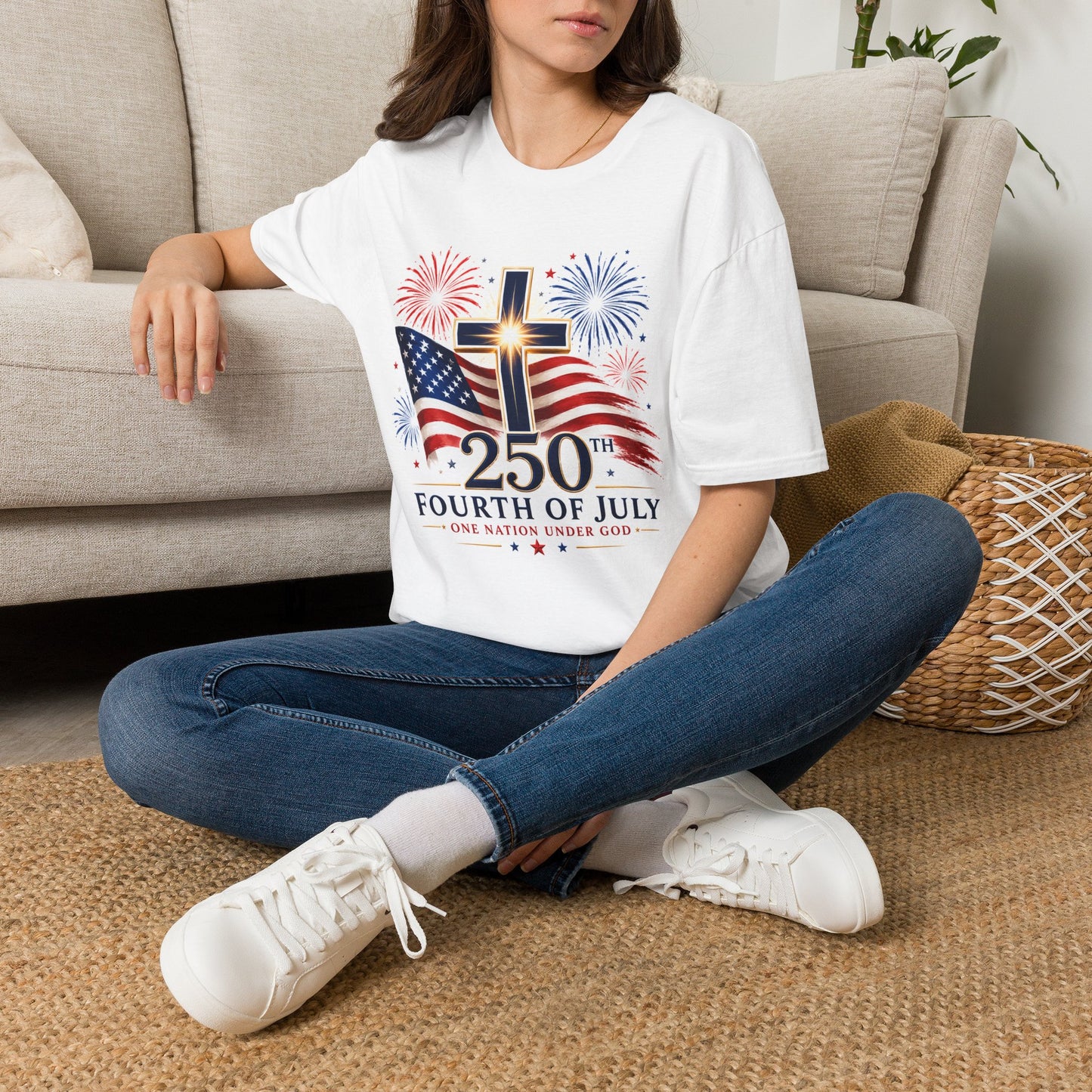 Faith Freedom Fireworks (250th) Christian T-Shirt | Patriotic Cross Graphic Tee