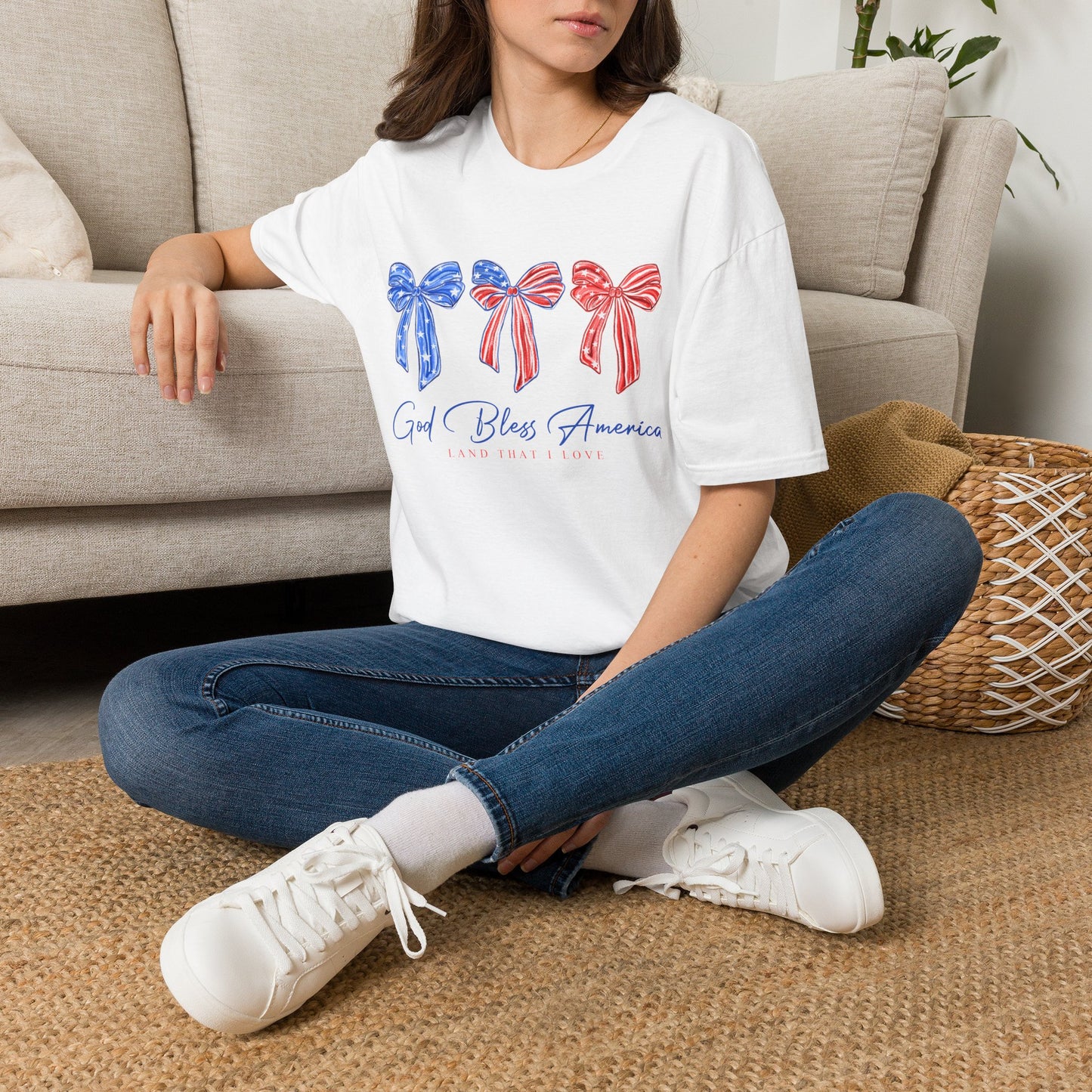 Patriotic Bow T-Shirt – 'God Bless America' Red White Blue Tee
