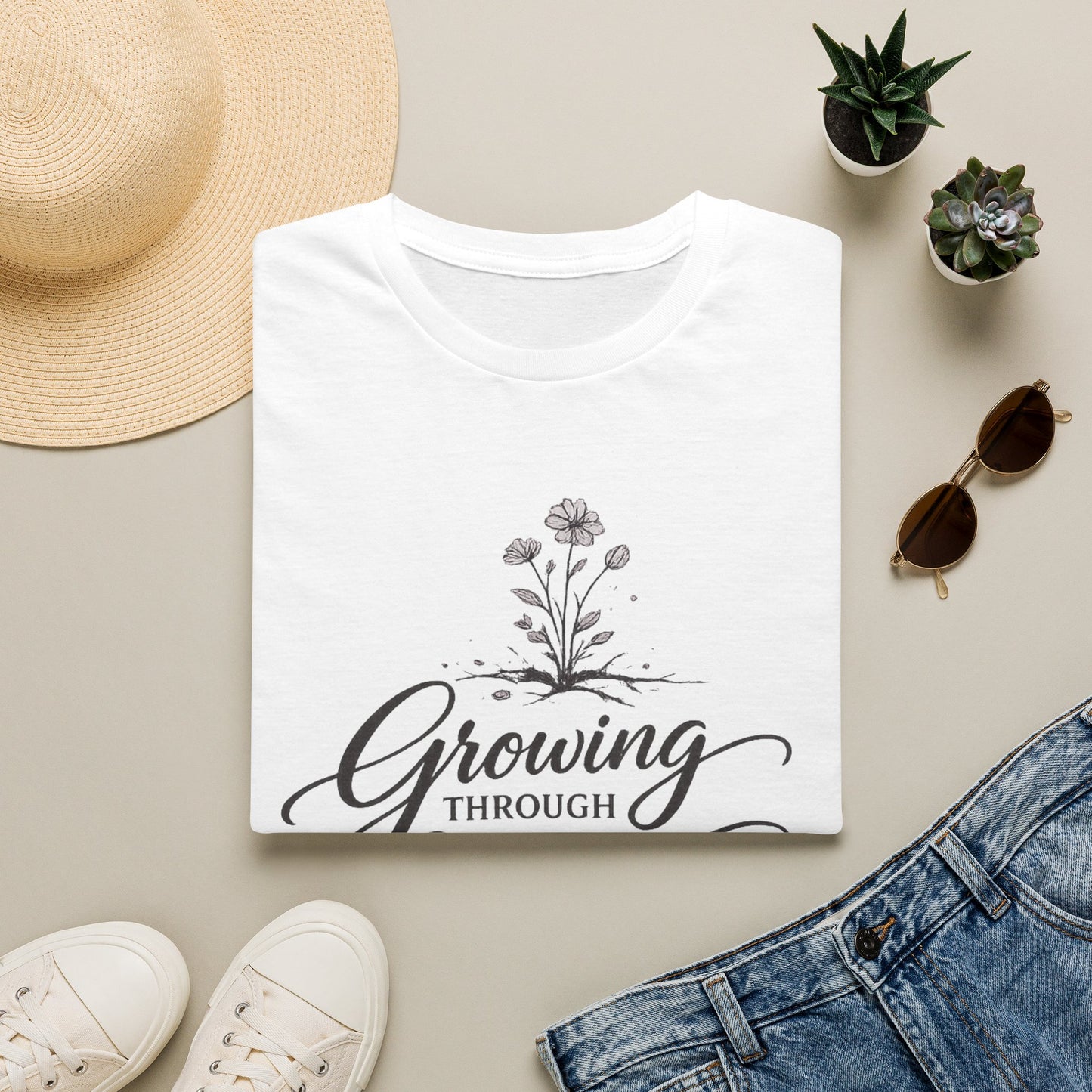T-Shirt — "Growing Through What You're Going Through" Floral Inspirational Tee