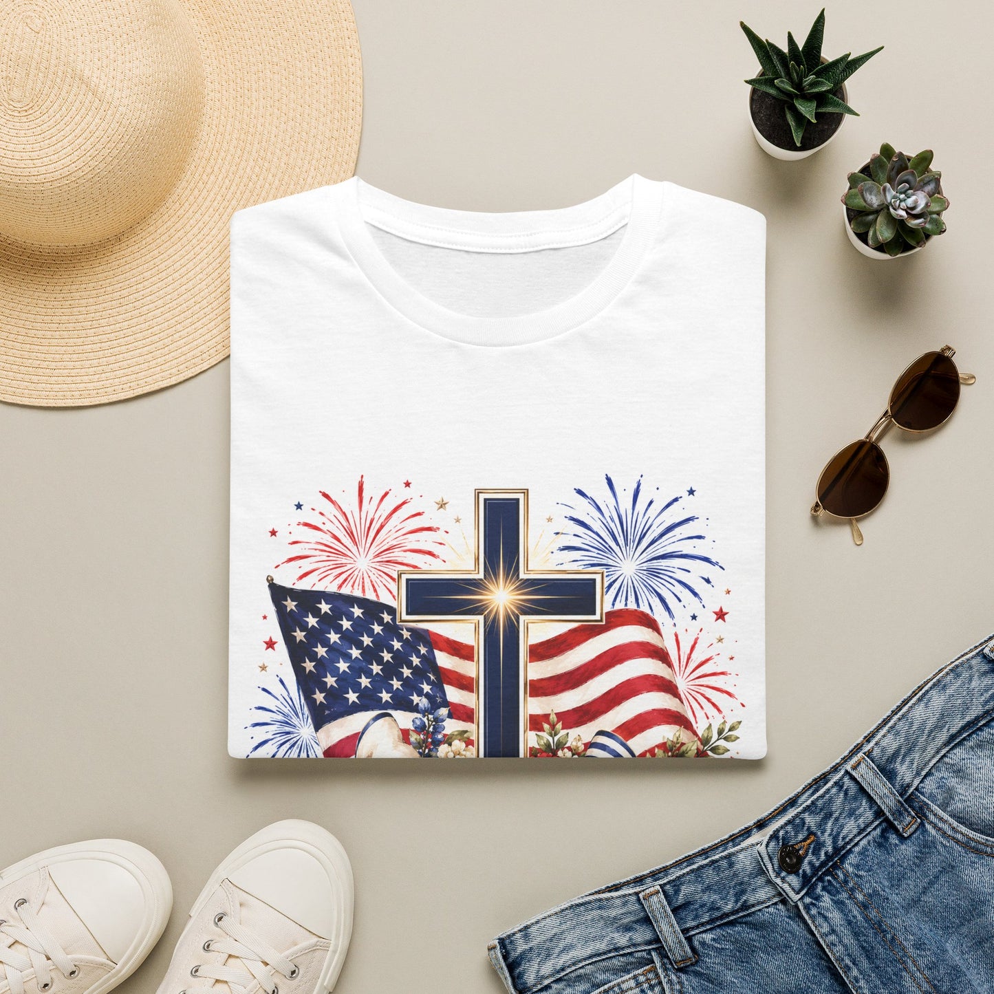 250th Fourth of July Cross T-Shirt — Patriotic American Flag & Fireworks Christian Tee