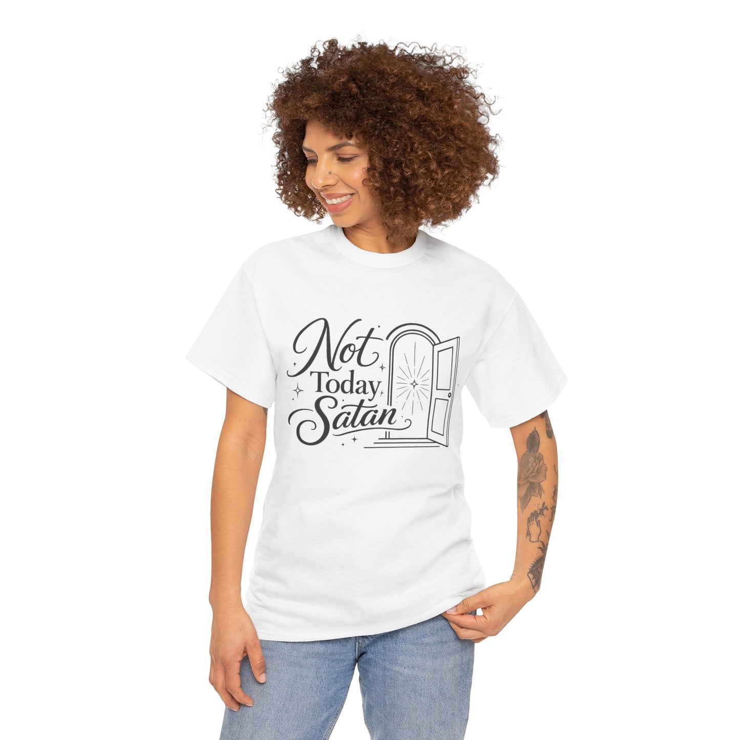 Not Today Satan T-Shirt — Funny Christian Graphic Tee with Open Door Design