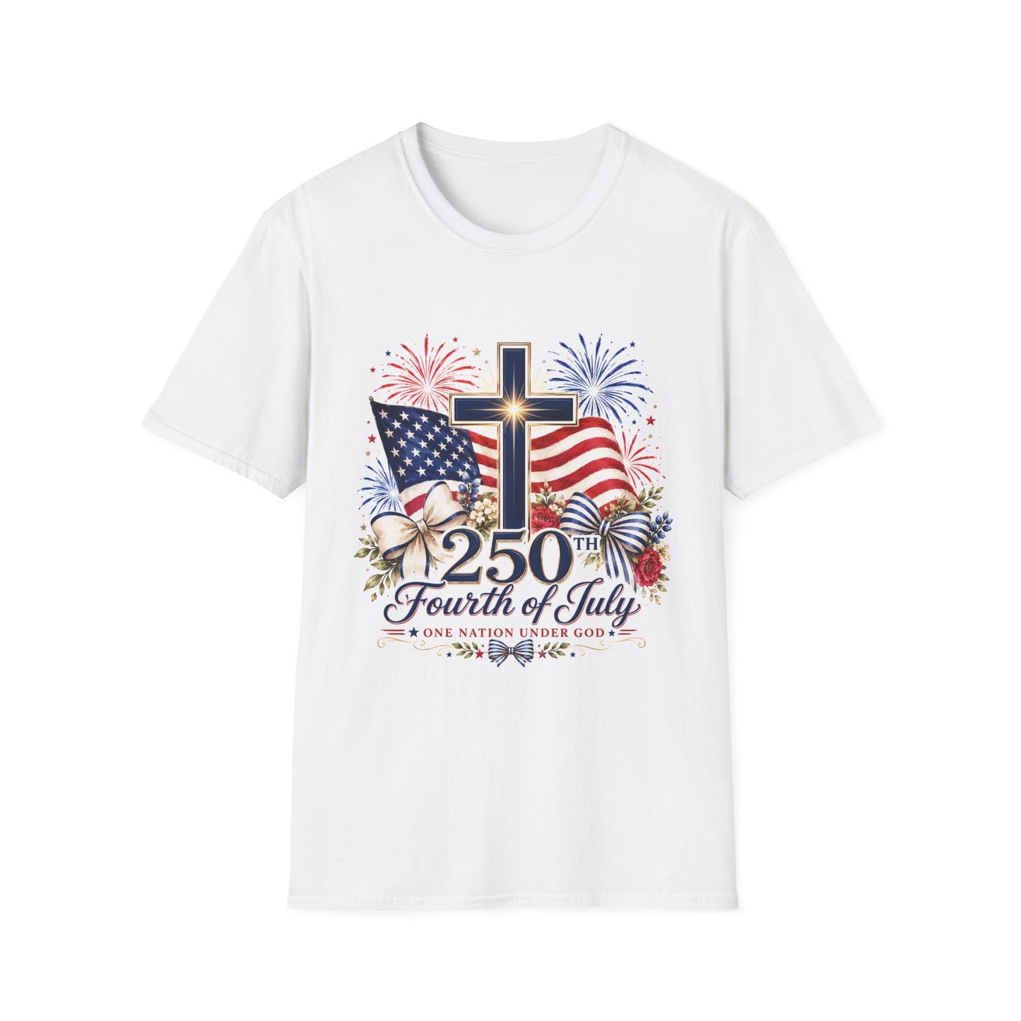 250th Fourth of July Cross T-Shirt — Patriotic American Flag & Fireworks Christian Tee